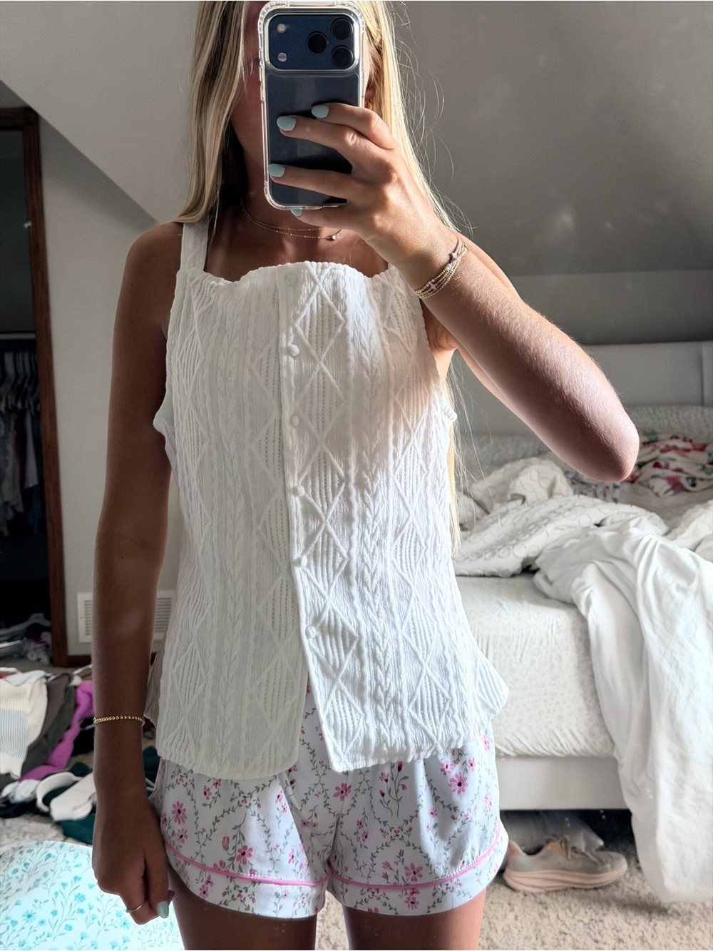 White Textured Button-Front Tank Top